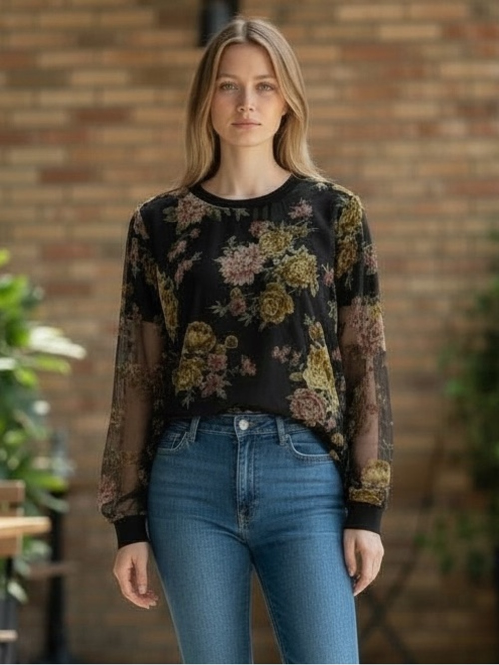 BEAUTIFUL Flocked Floral Design Sheer Black Long Sleeve Blouse, Women’s Medium
